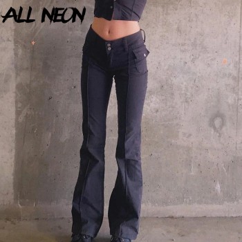 Indie Aesthetics Slim Low Waist Flare Pants E-girl Vintage Pockets Solid Y2K Pants Autumn 90s Fashion Black Trousers